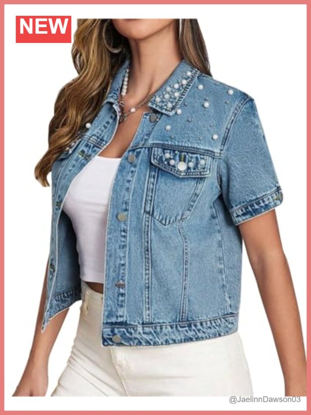 Pearls Denim Jacket Cropped Short Sleeve Jean Coat Cotton Blend